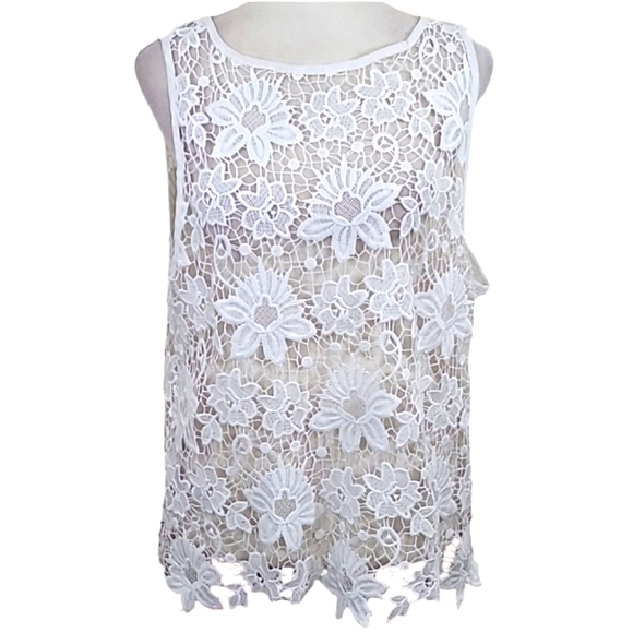 Muche et Muchette Crochet Sleeveless Top White Embroidered Lace Keyhole Back - Picture 3 of 12